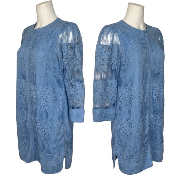 Ganni Lace Mini Dress 38 Placid Blue 3/4 Sleeve Zipper Front Shift MISSING BELT - Picture 3 of 12